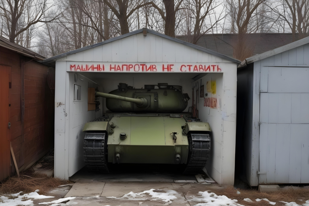 pikaso_reimagine_Comic-style-A-military-tank-parked-in-a-small-gara 1.png