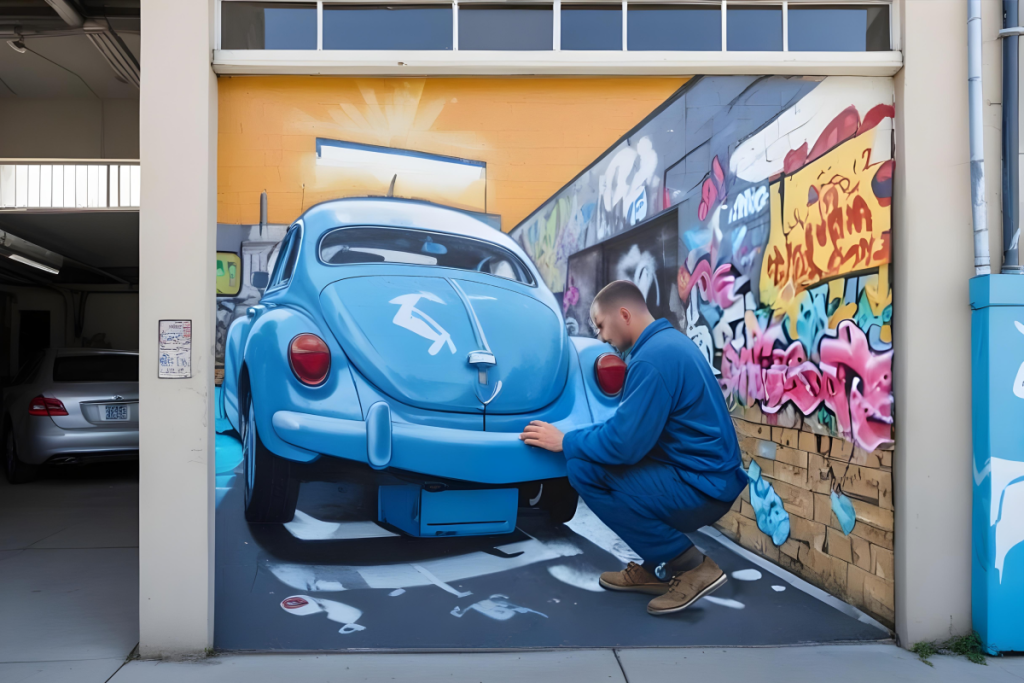 pikaso_reimagine_A-mural-on-a-metal-garage-depicting-a-blue-car-wit 1.png